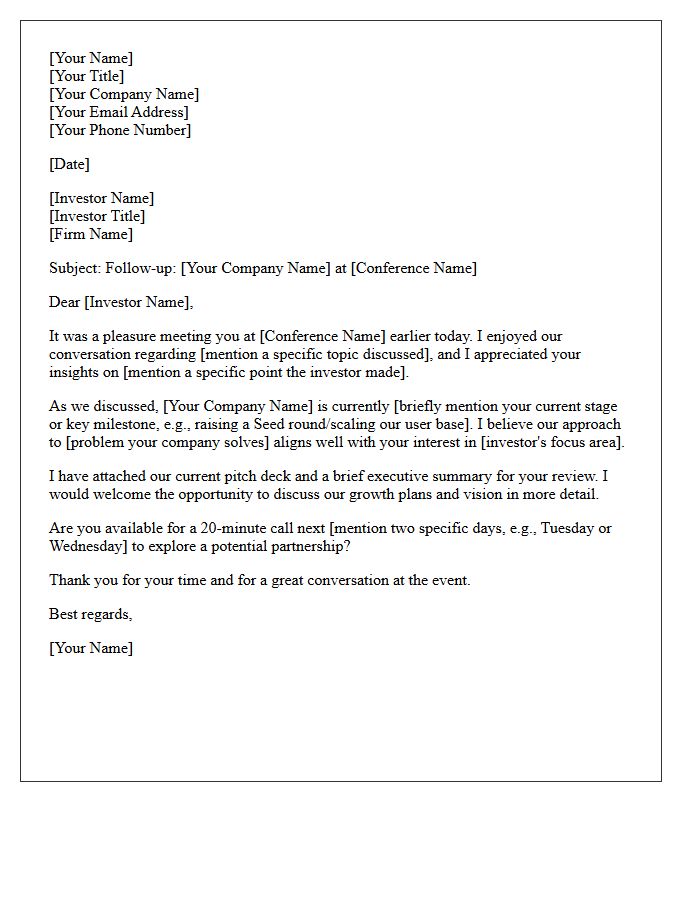 Investor Connection Conference Follow-Up Letter