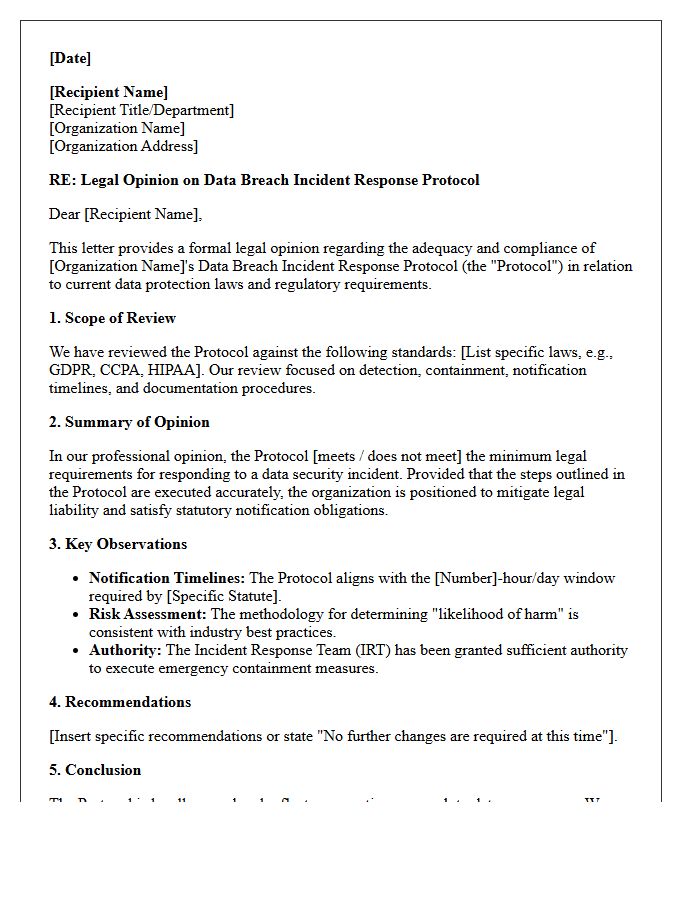 Data Breach Incident Response Protocol Opinion Letter