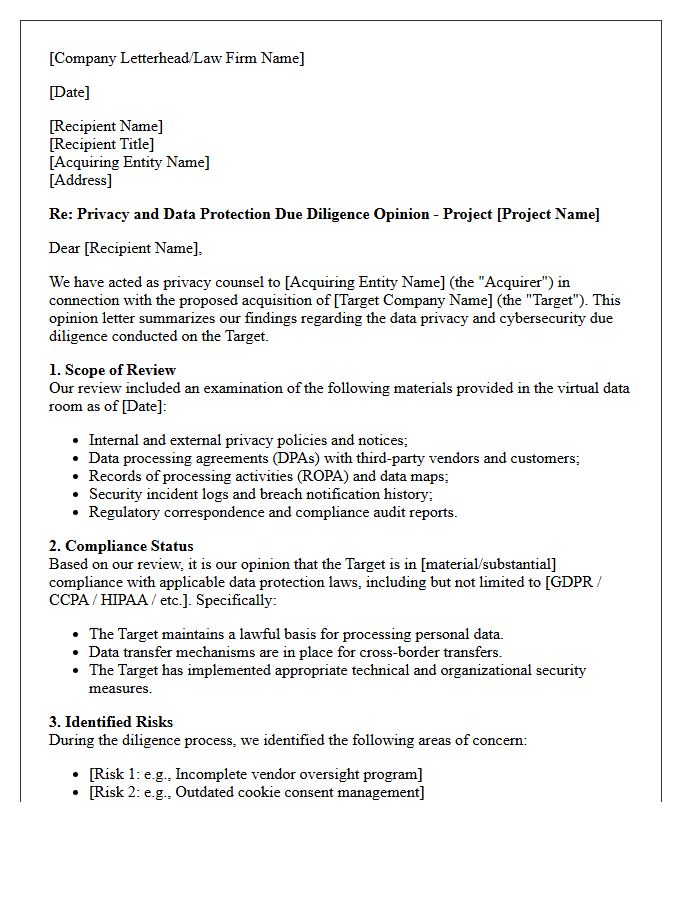 Mergers and Acquisitions Privacy Due Diligence Opinion Letter
