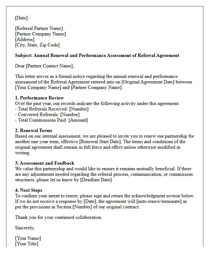 Referral Agreement Annual Renewal and Assessment Letter