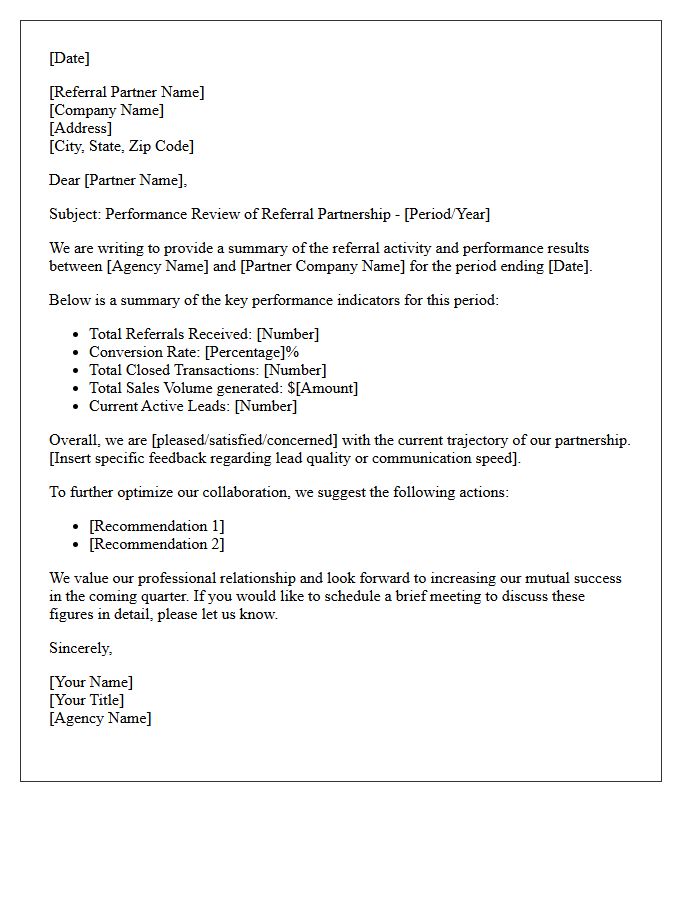 Real Estate Agency Referral Performance Review Letter