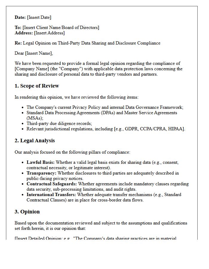 Third-Party Data Sharing and Disclosure Compliance Opinion Letter