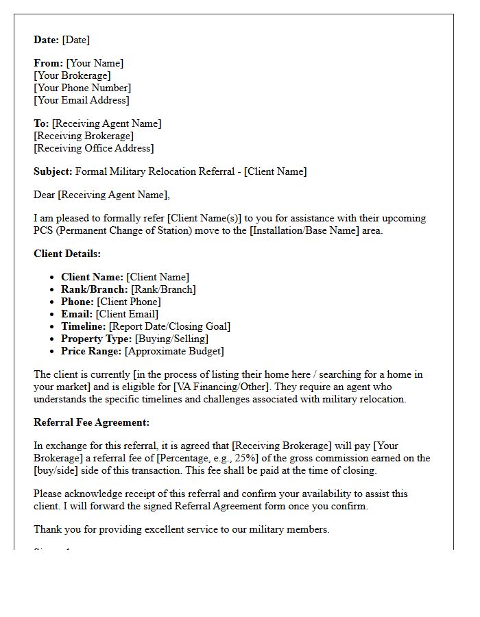 Standard Military Relocation Agent-to-Agent Referral Letter