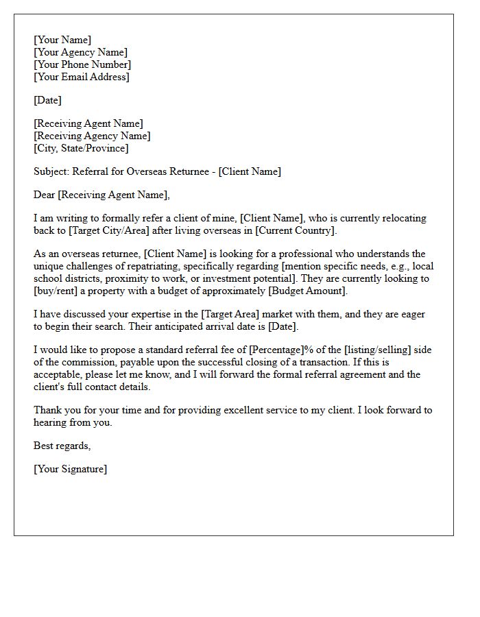 Overseas Returnee Real Estate Agent-to-Agent Referral Letter