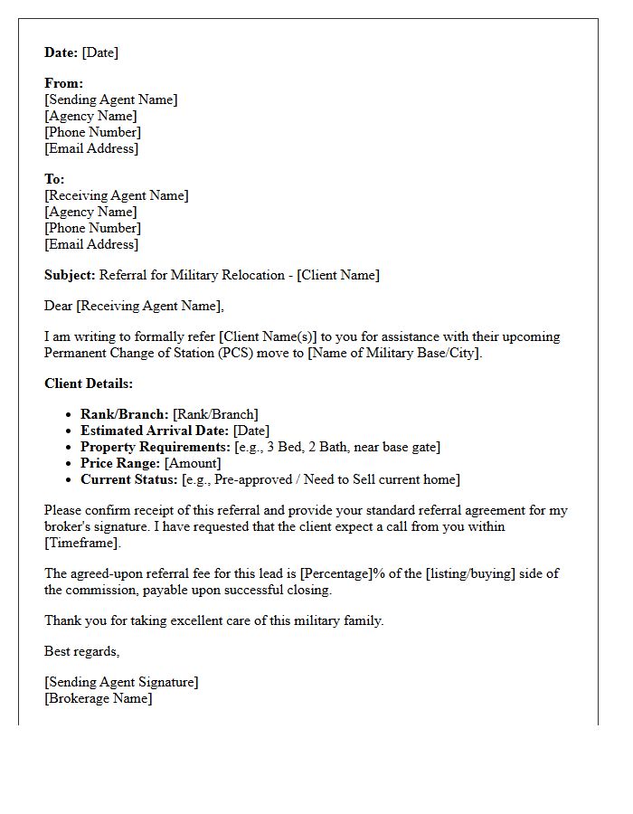 Military Base Transfer Agent-to-Agent Referral Letter