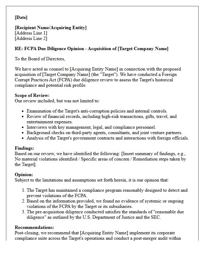 Mergers and Acquisitions FCPA Due Diligence Opinion Letter