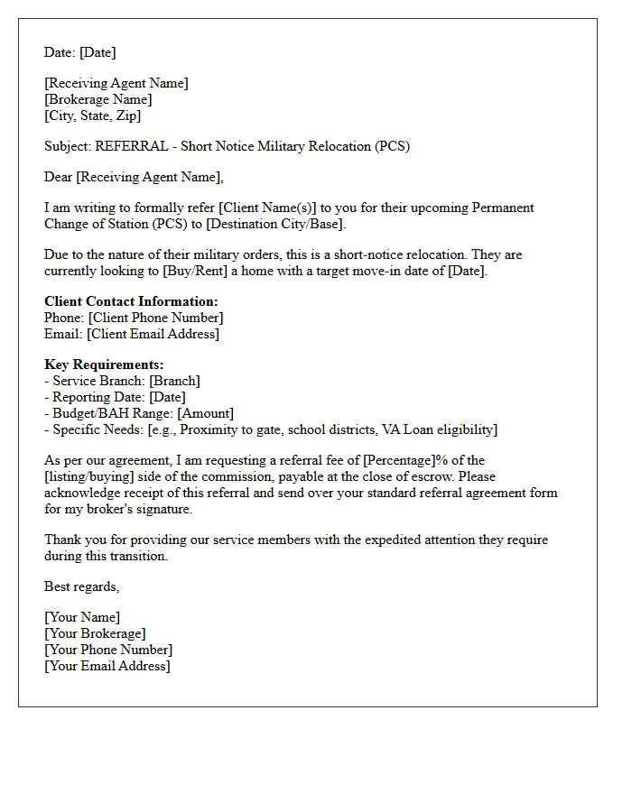 Short Notice Military Relocation Agent-to-Agent Referral Letter
