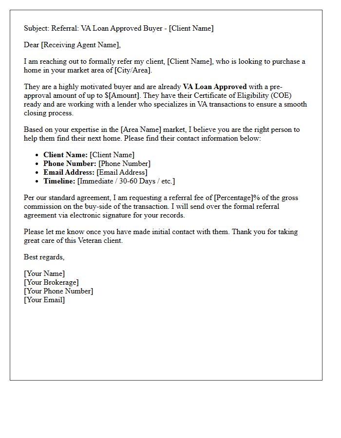 VA Loan Approved Buyer Agent-to-Agent Referral Letter