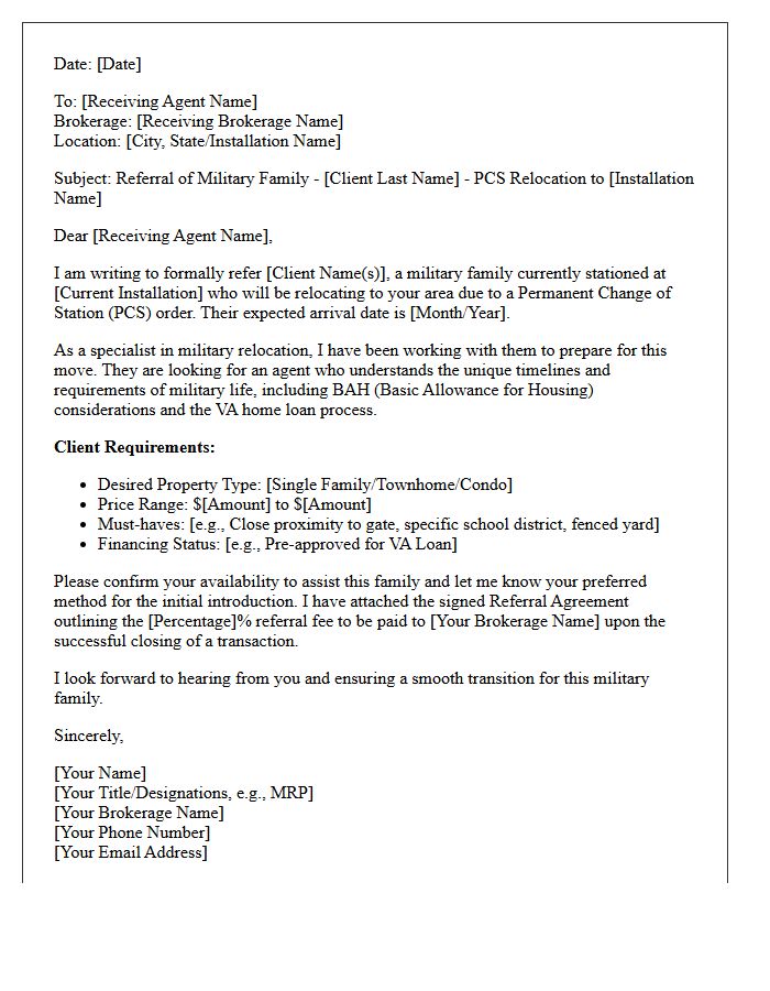 Military Spouse Relocation Agent-to-Agent Referral Letter