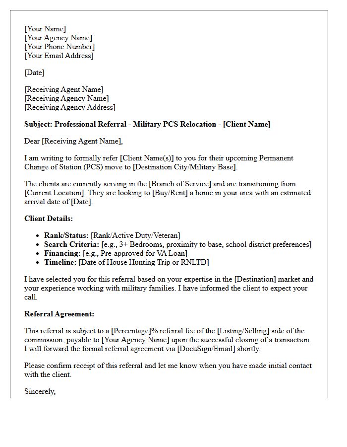 Armed Forces Cross-Country Move Agent-to-Agent Referral Letter
