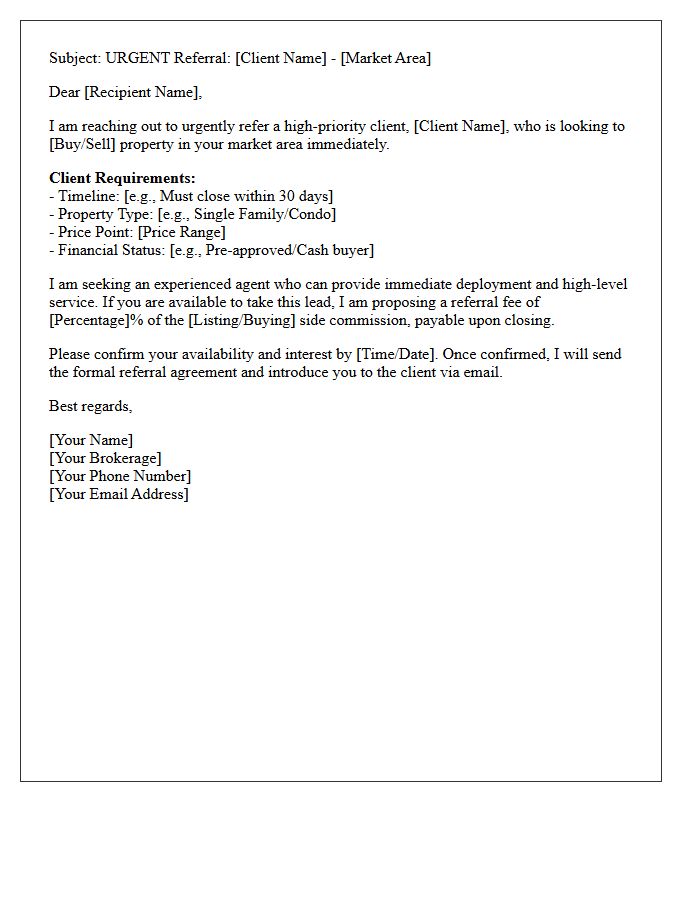 Urgent Deployment Real Estate Agent-to-Agent Referral Letter