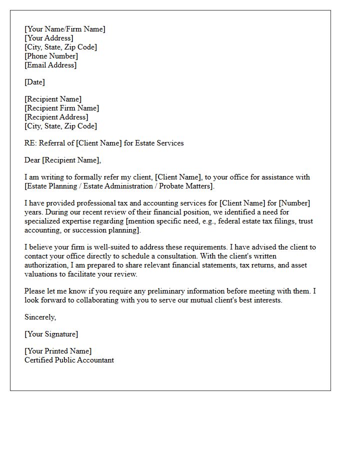 Certified Public Accountant Estate Referral Letter