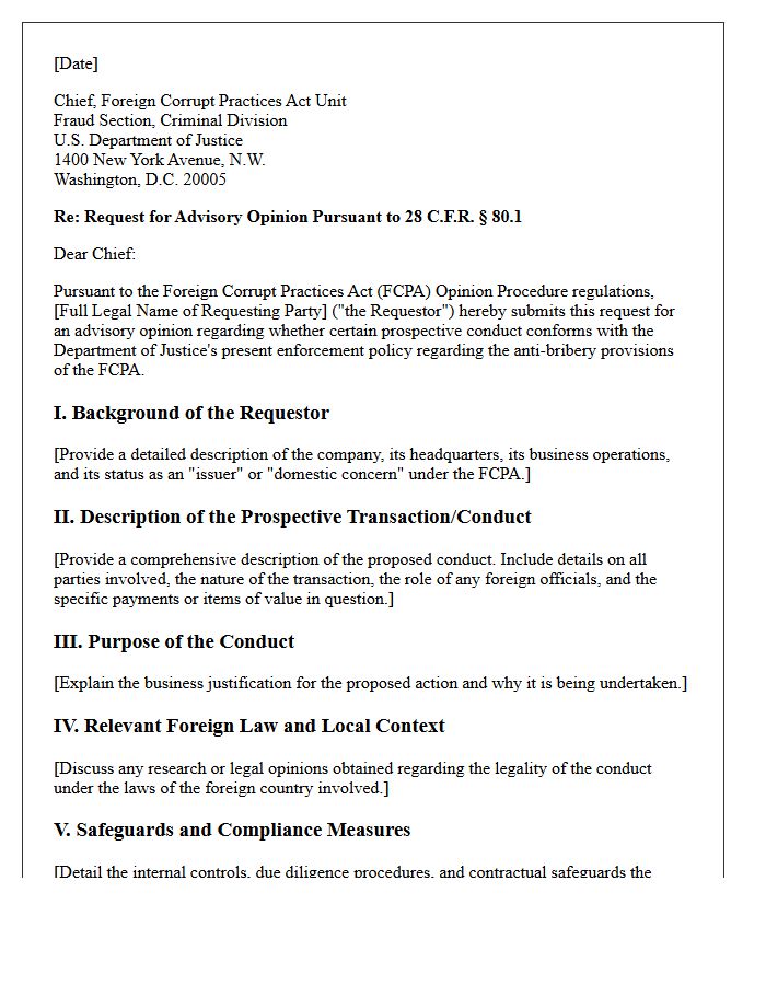 Department of Justice FCPA Advisory Opinion Request Letter