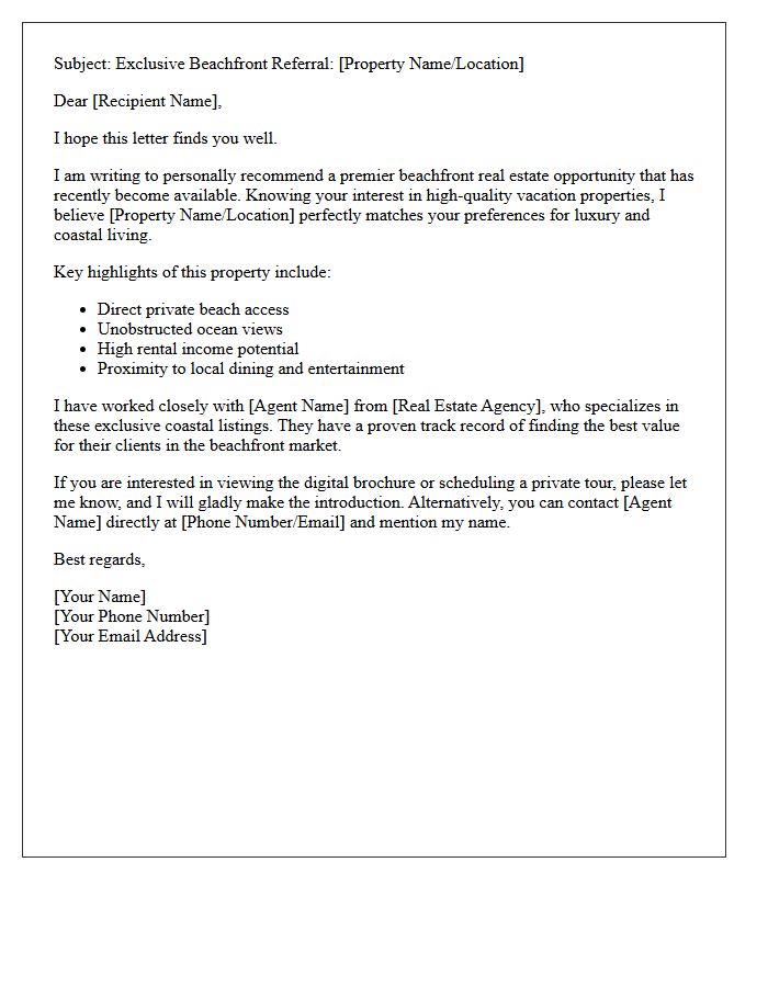 Beachfront Vacation Real Estate Referral Letter