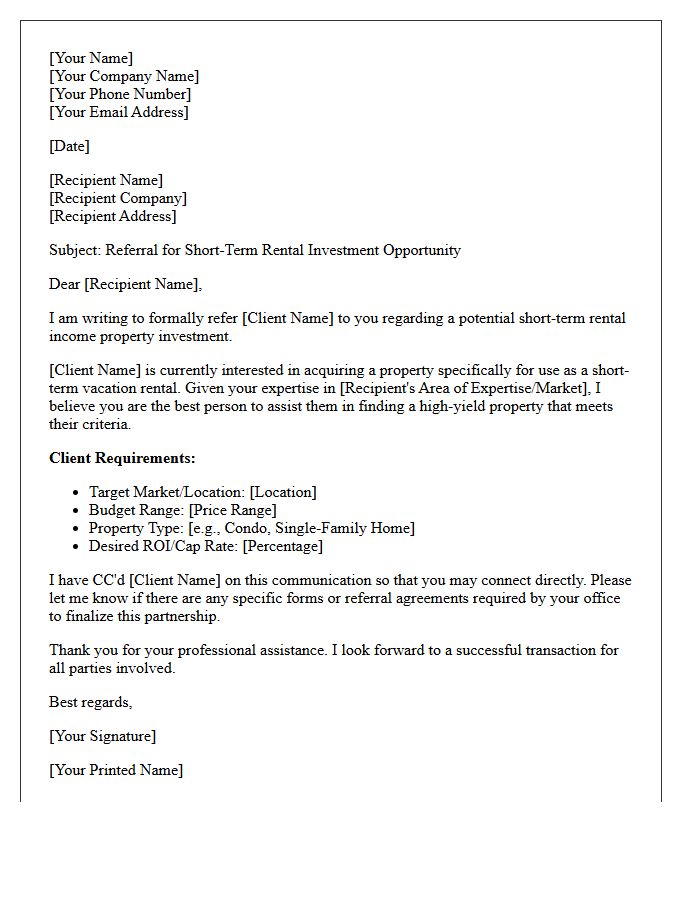 Short-Term Rental Income Property Referral Letter