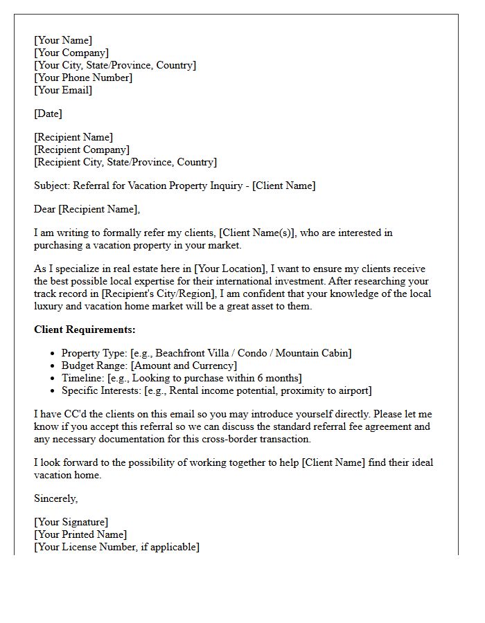 Cross-Border Vacation Real Estate Referral Letter
