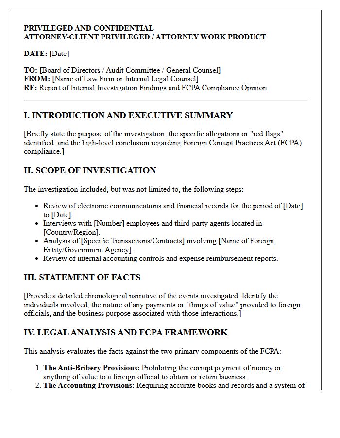 Internal Investigation Findings and FCPA Opinion Letter