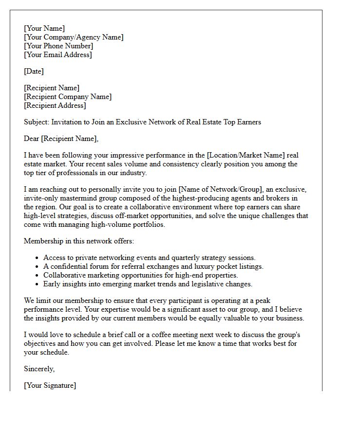 Real Estate Top Earner Network Invitation Letter