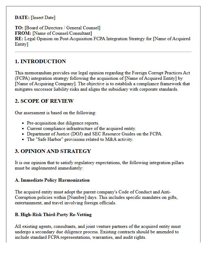 Post-Acquisition FCPA Integration Strategy Opinion Letter