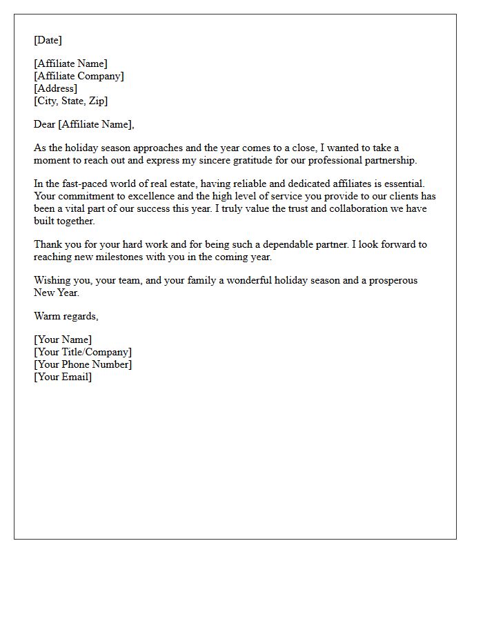 Season's Greetings and Appreciation Letter for Real Estate Affiliates