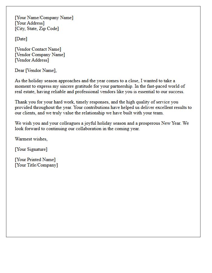 Holiday Warm Wishes and Appreciation Letter for Real Estate Vendors
