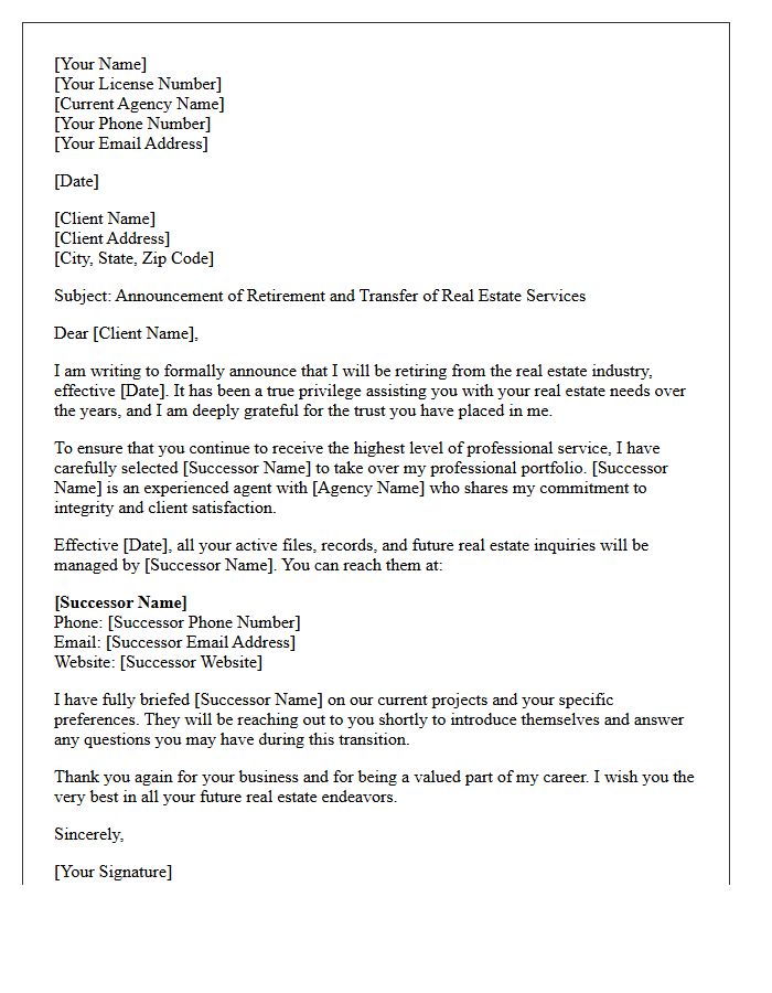 Official Real Estate Agent Retirement and Portfolio Transfer Letter