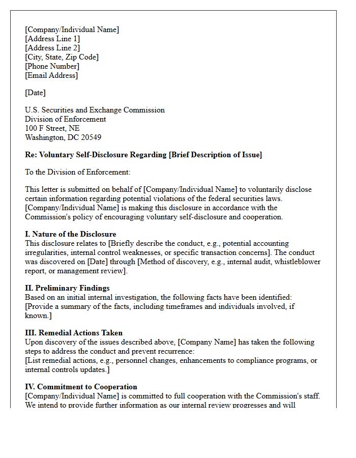 Securities and Exchange Commission Voluntary Disclosure Advisory Letter
