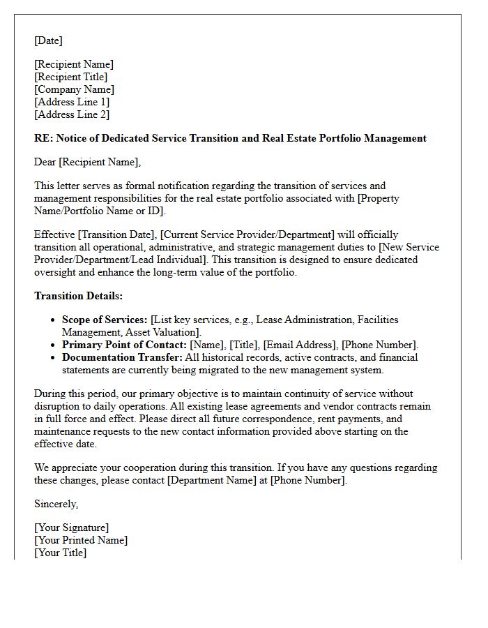 Dedicated Service Transition and Real Estate Portfolio Letter