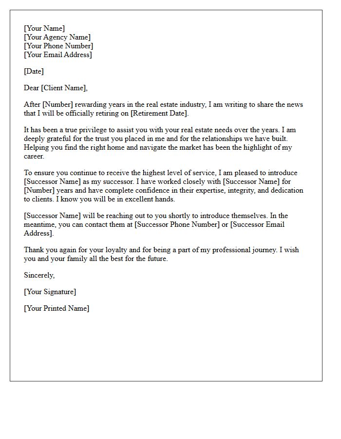 Realtor Retirement Announcement and Successor Endorsement Letter