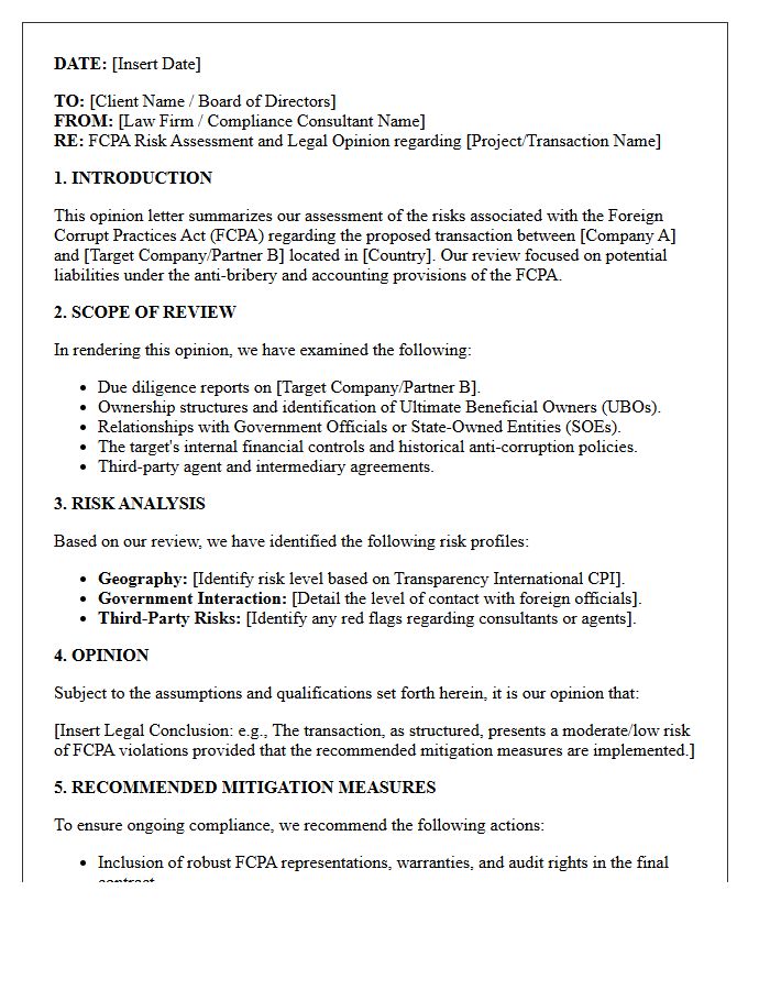 Multinational Transaction FCPA Risk Assessment Opinion Letter