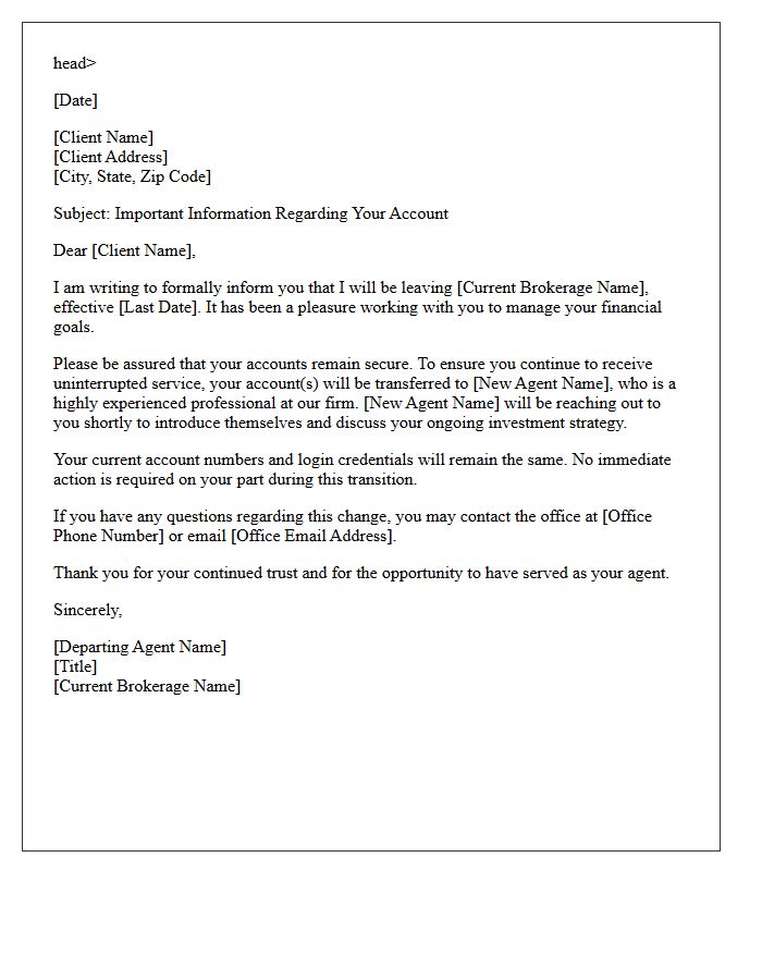 Brokerage Client Transfer and Agent Departure Letter