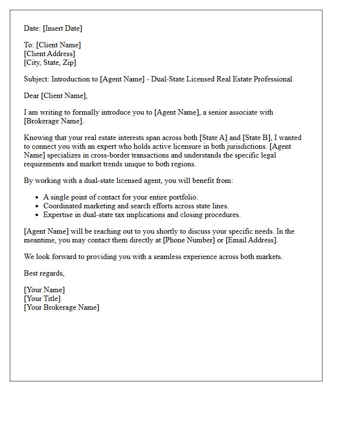 Brokerage Partner Dual-State Licensed Agent Referral Introduction Letter