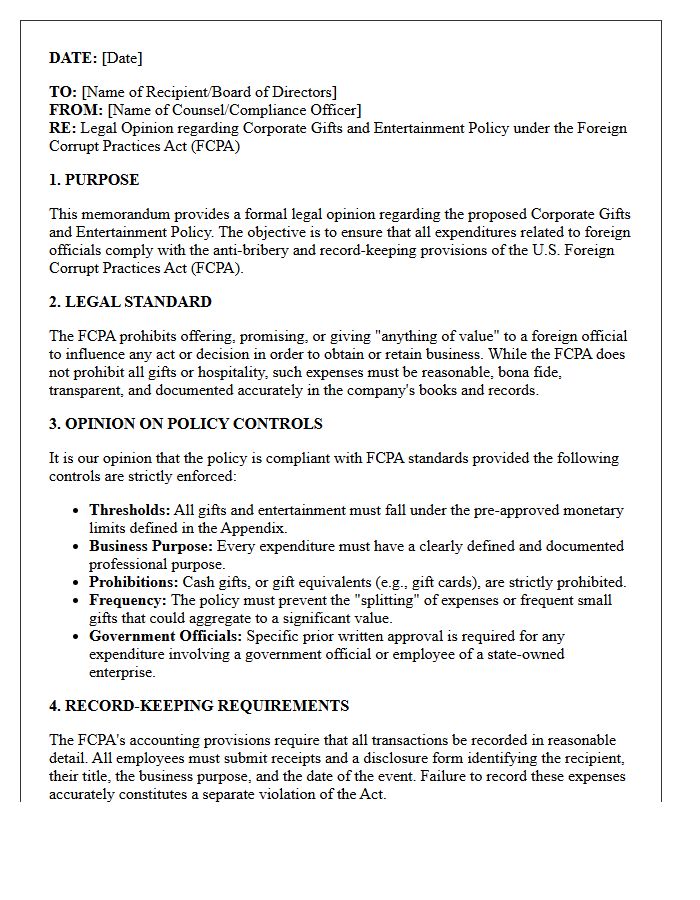Corporate Gifts and Entertainment FCPA Policy Opinion Letter