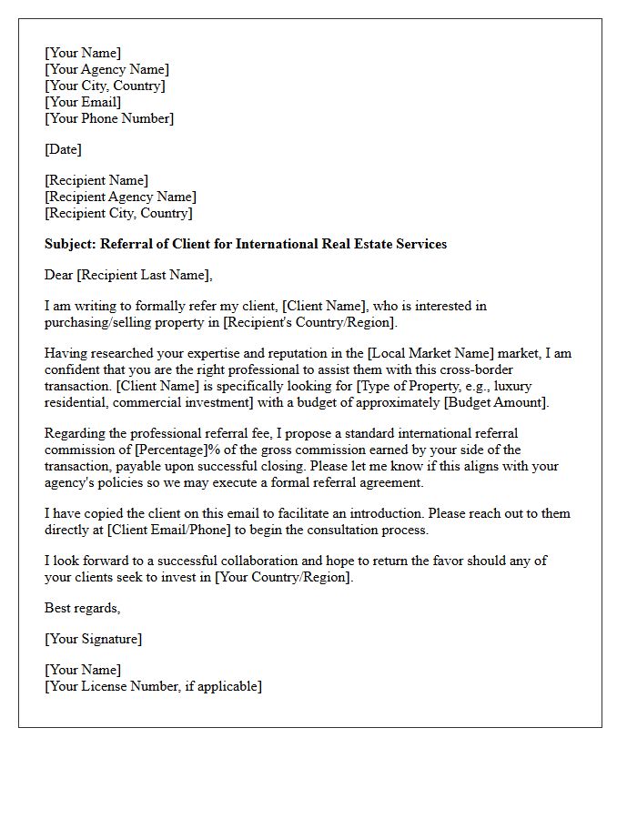 Cross-Border International Real Estate Agent Referral Letter