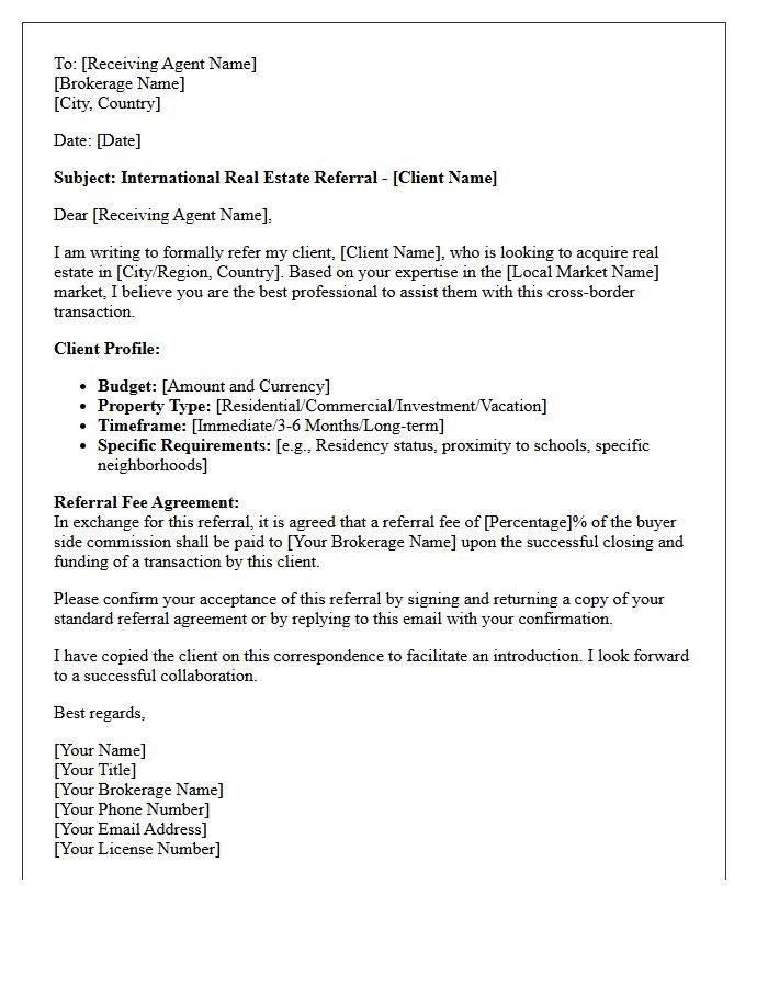 Cross-Border Real Estate Buyer Agent International Referral Letter