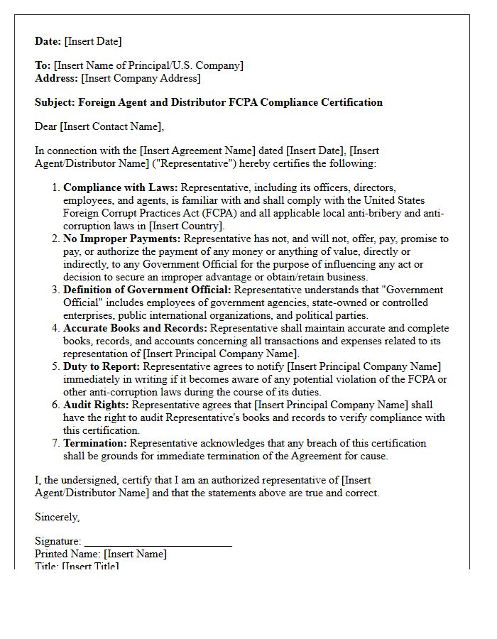 Foreign Agent and Distributor FCPA Compliance Certification Letter