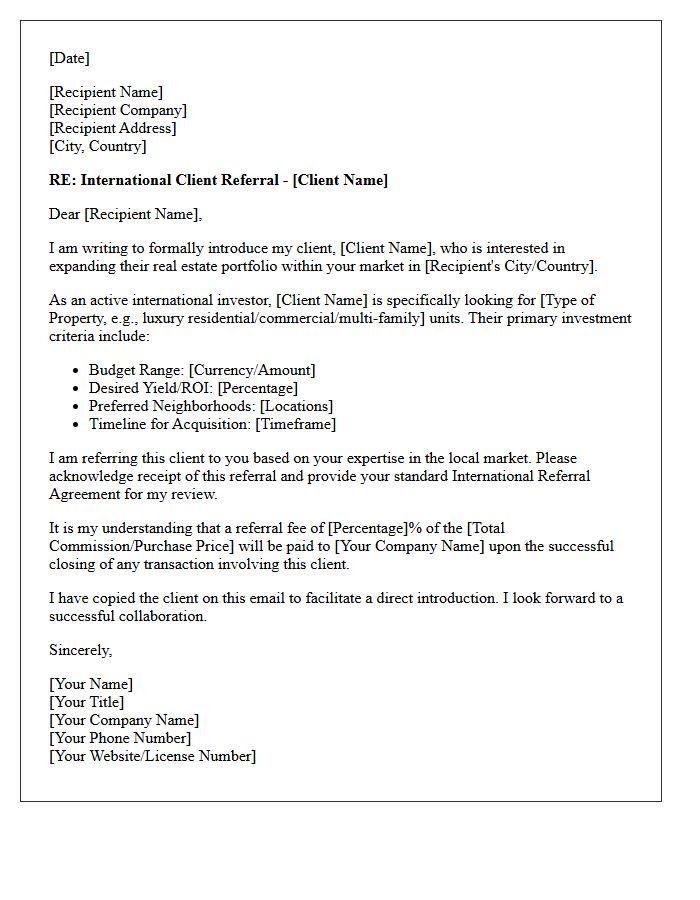 International Property Investor Agent Cross-Border Referral Letter