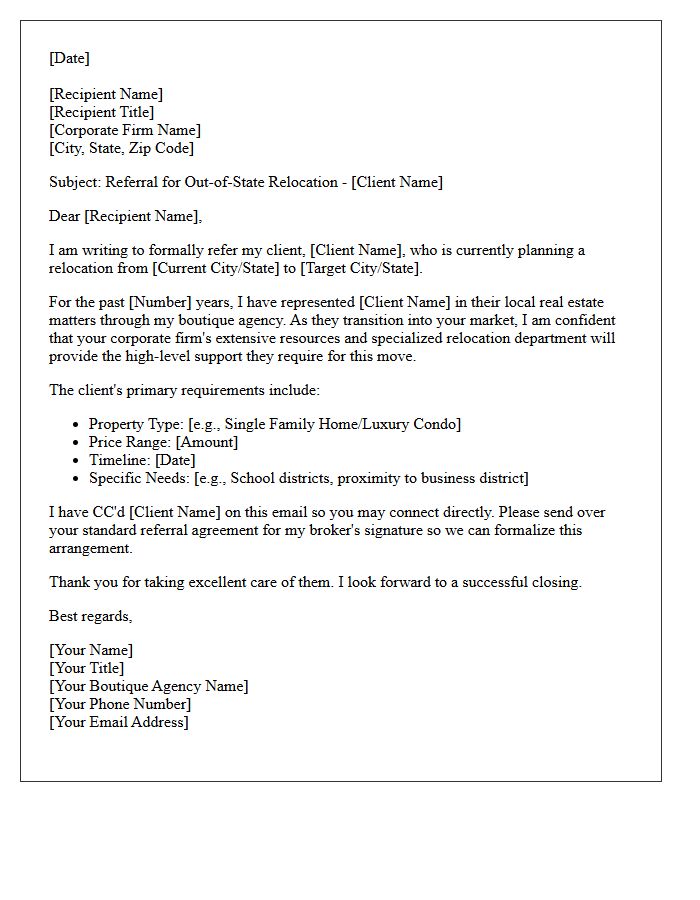 Boutique to Corporate Out-Of-State Relocation Referral Letter