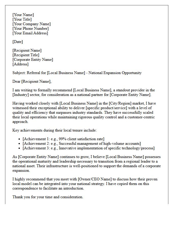 Local Market to National Corporate Expansion Referral Letter