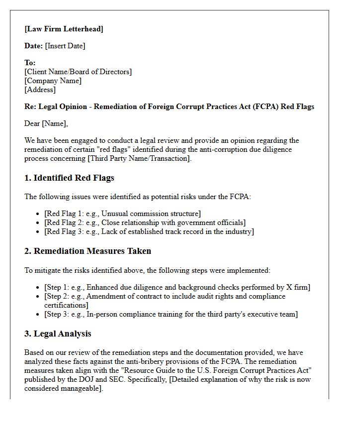 FCPA Red Flags Remediation and Legal Opinion Letter