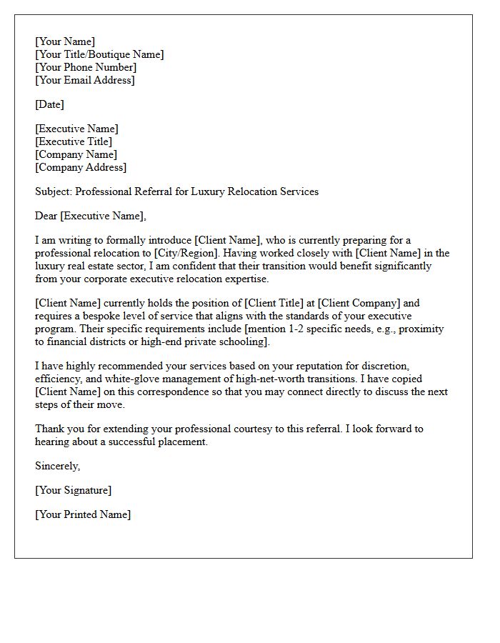 Boutique Luxury to Corporate Executive Relocation Referral Letter