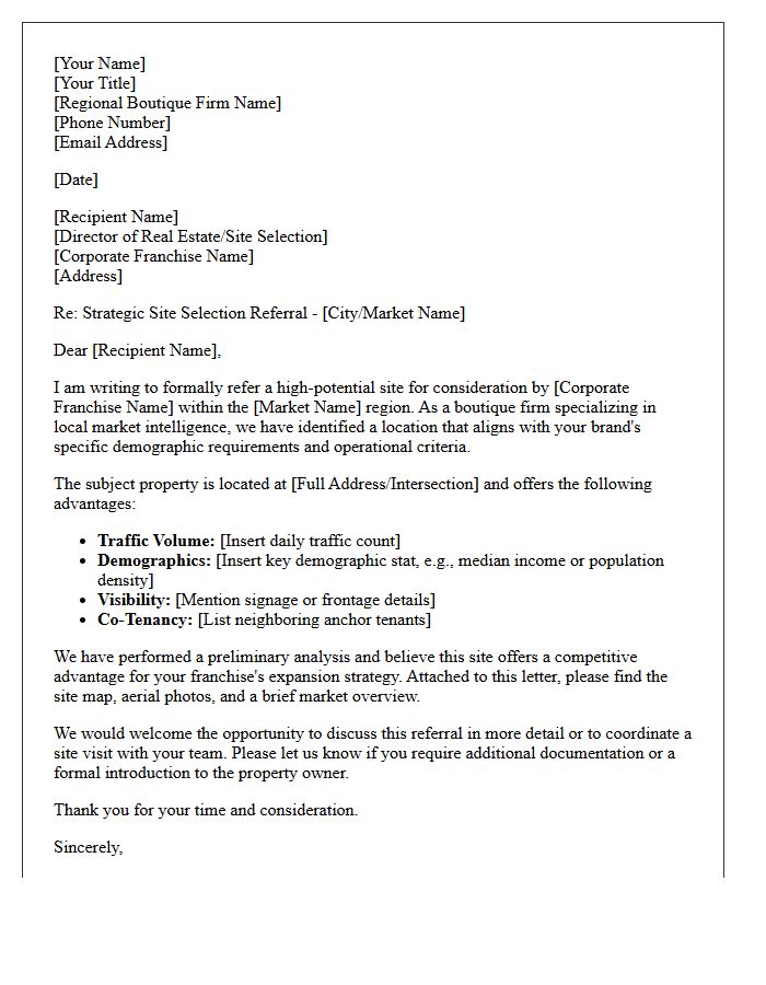 Regional Boutique to Corporate Franchise Site Selection Referral Letter