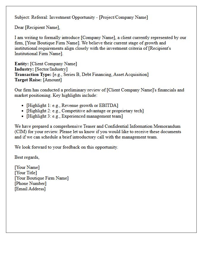 Boutique Representation to Corporate Institutional Investment Referral Letter