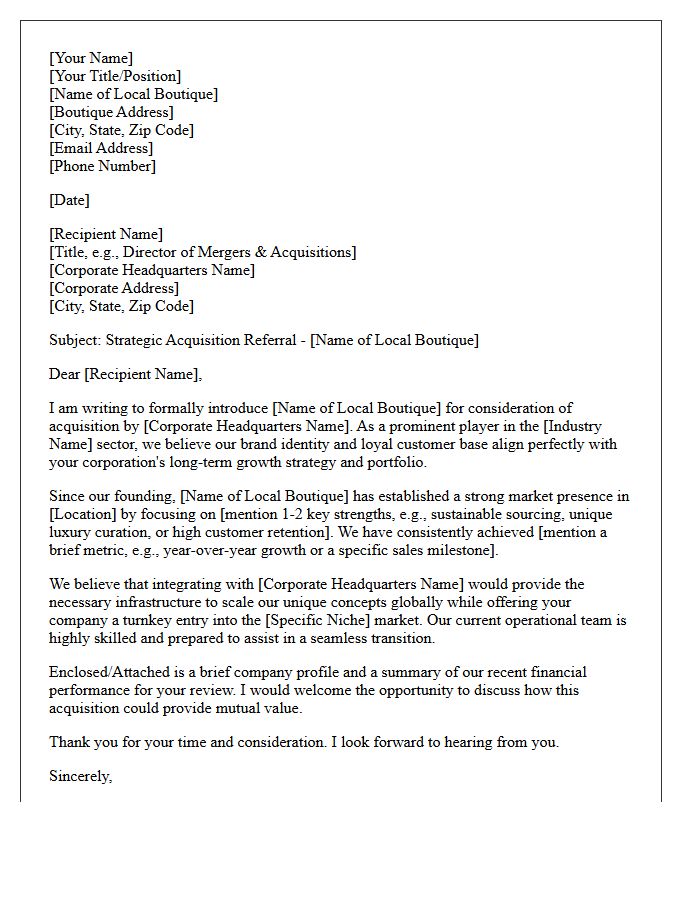 Local Boutique to Corporate Headquarters Acquisition Referral Letter