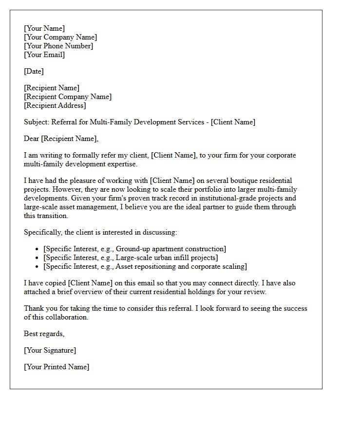 Boutique Residential to Corporate Multi-Family Development Referral Letter
