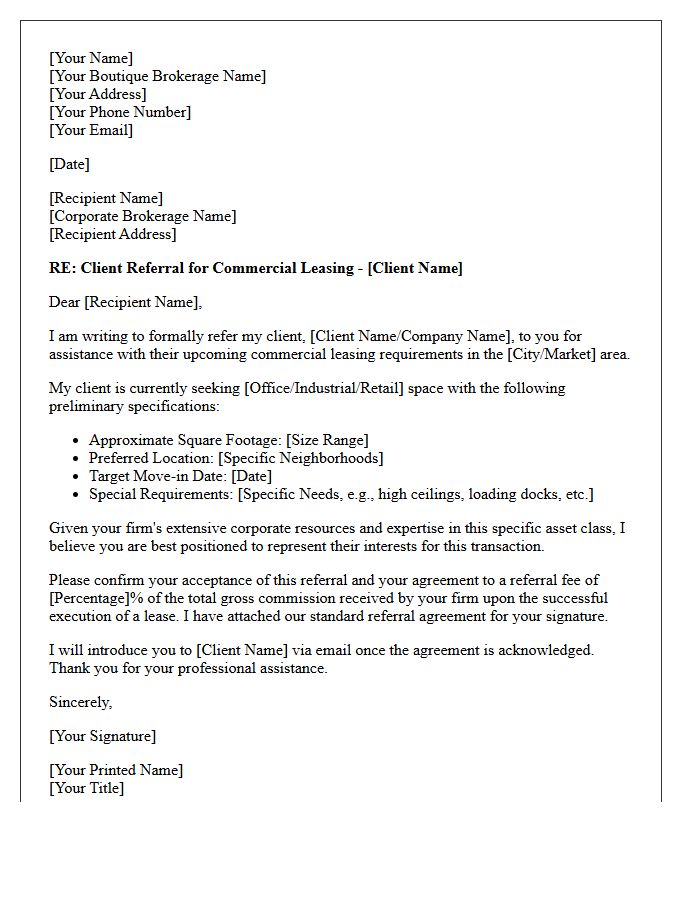 Boutique Brokerage to Corporate Commercial Lease Referral Letter