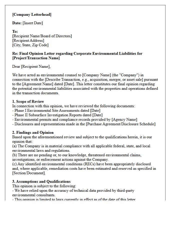 Final Corporate Environmental Liability Opinion Letter