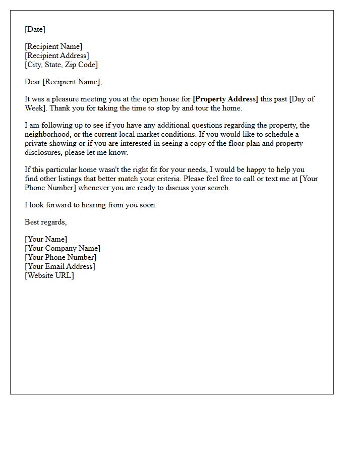 Real Estate Open House Follow Up Letter