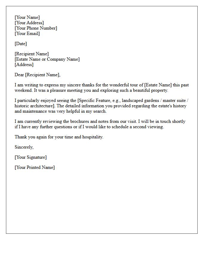 Weekend Estate Tour Appreciation Letter