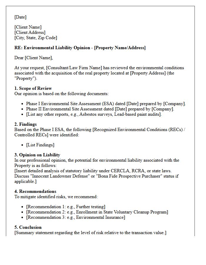 Real Estate Acquisition Environmental Liability Opinion Letter